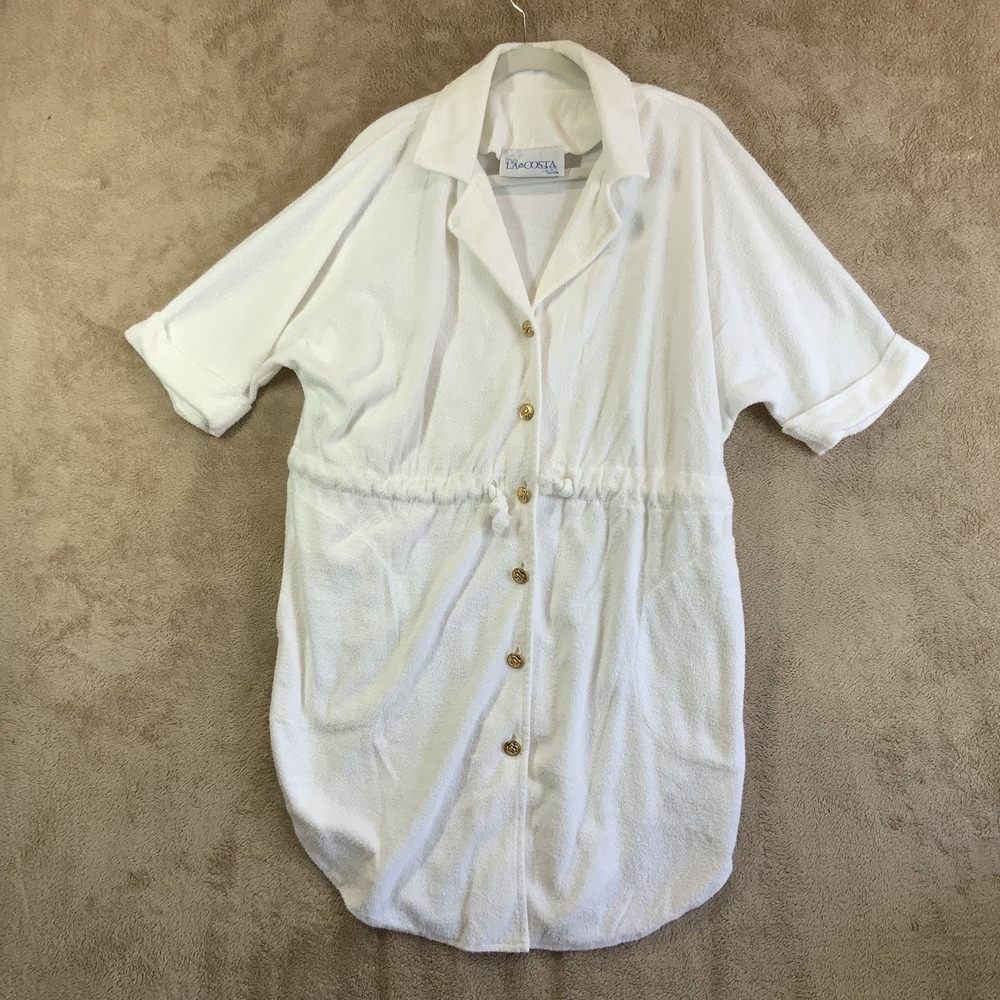 VTG Terry Cloth Swim Cover Up Robe Sz M White Gold Buttons Cinch Waist 80s EUC